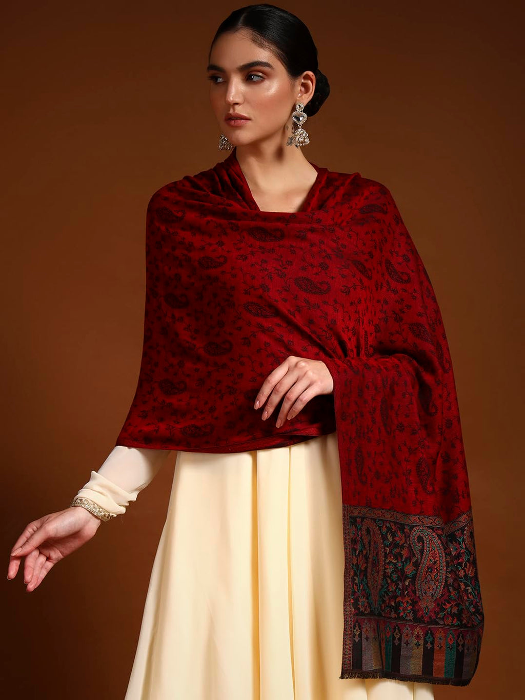 Pashmoda Women Gulpari Kaani Stole, Authentic Kashmiri Luxury Pashmina Style Shawl, Stole, (Size 28x80 Inches, Maroon Color) MAVST06
