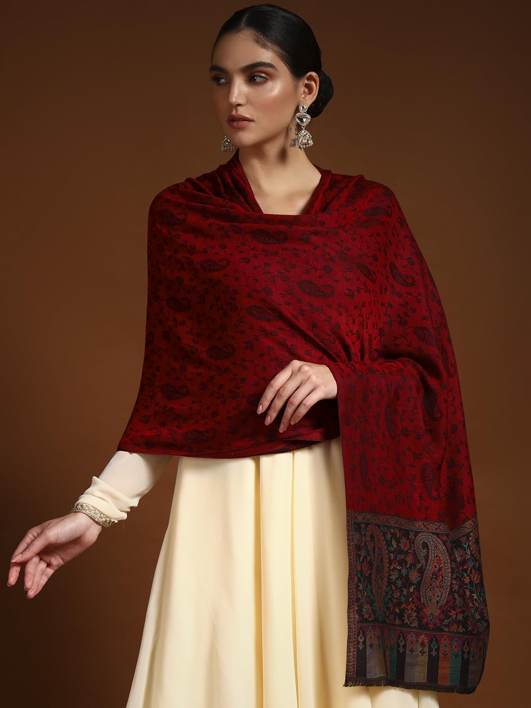Pashmoda Women Gulpari Kaani Stole, Authentic Kashmiri Luxury Pashmina Style Shawl, Stole, (Size 28x80 Inches, Maroon Color) MAVST06