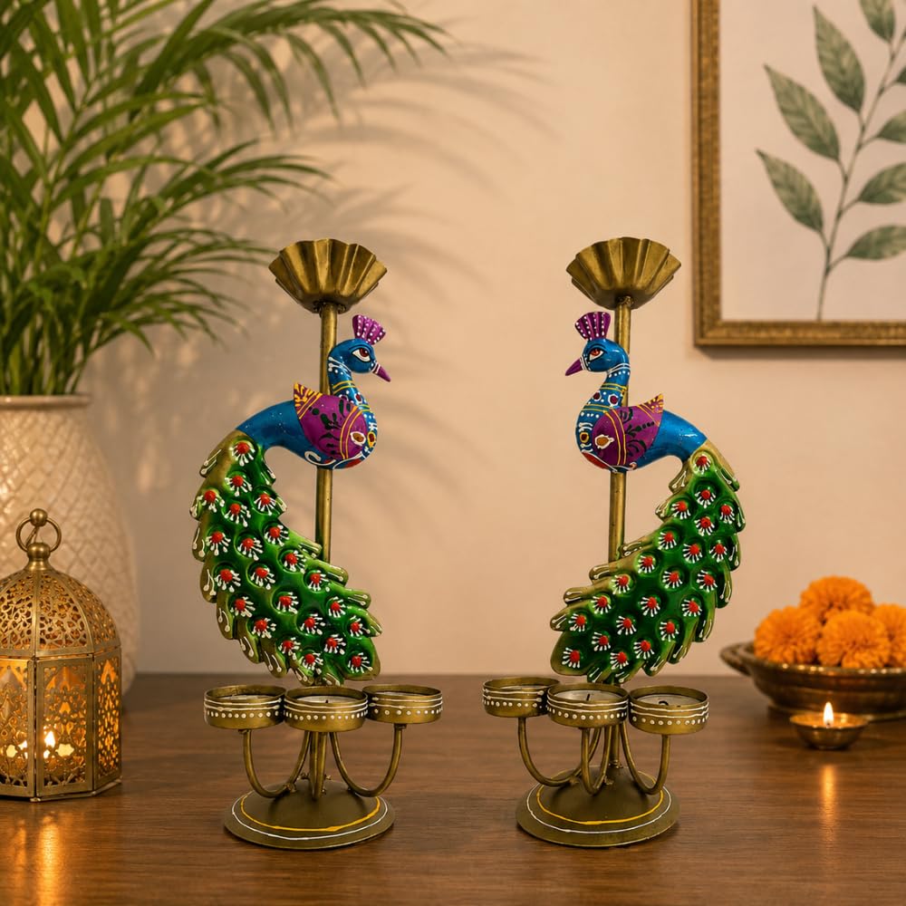 NOVERA MATERIALS Peacock Candle Holder Set of 2 | Handcrafted Metal Tea Light Stand with Colourful Peacock Design for Living Room, Table, Festive Décor & Gifting (Peacock Candle Light)