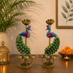 NOVERA MATERIALS Peacock Candle Holder Set of 2 | Handcrafted Metal Tea Light Stand with Colourful Peacock Design for Living Room, Table, Festive Décor & Gifting (Peacock Candle Light)
