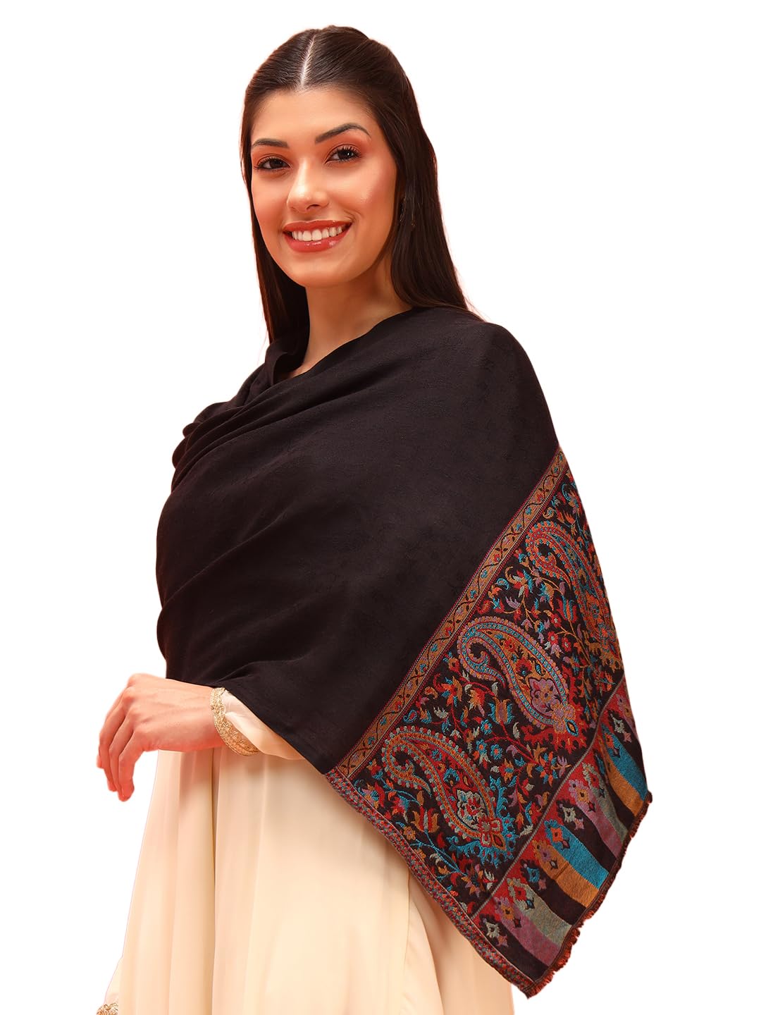 Pashmoda Women Gulpari Kaani Stole, Authentic Kashmiri Luxury Pashmina Style Shawl, Stole, (Size 28x80 Inches, Black Color) MAVST06