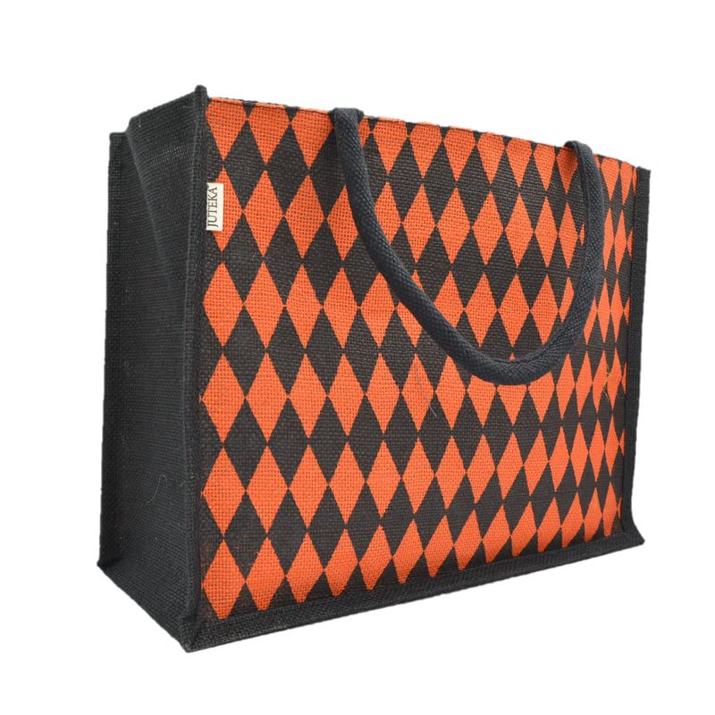 JUTEKA Orange diamond printed Jute Bag for Lunch, Office, Grocery, Picnic, Tiffin, Shopping Hand Bag with padded cotton handles