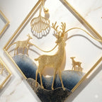 Mahira Artefacts Premium Metal Wall Art, Gold and Blue Ginkgo Leaf and Stag Sculpture, Geometric 3D Wall Hanging, Set of 3