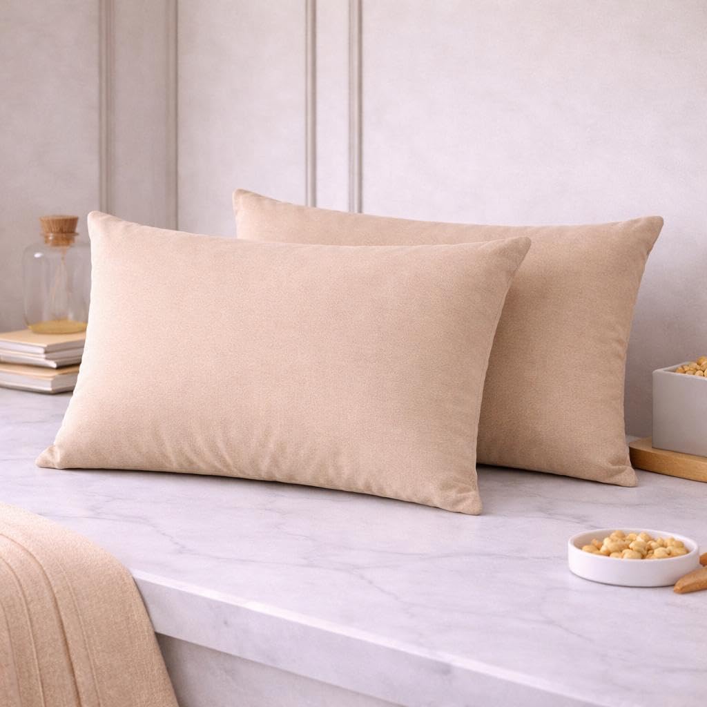 THE HOME STYLE Solid Cotton Feel Pillow Covers (18 x 28 inches, Set of 2 Pcs) | 300 TC | Super Soft & Smooth (Sand)