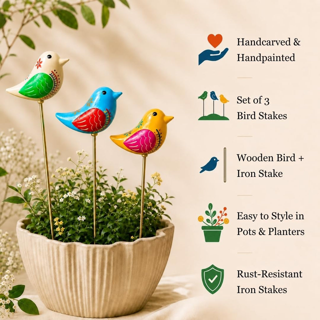 ATRANGI STUDIO Chirpy Bird Wooden Garden Stake - Set of 3| Handcrafted by Rajasthan artisans | Boho Garden/Balcony Decor | Easy to use in pots, patios, lawns | Multicolour