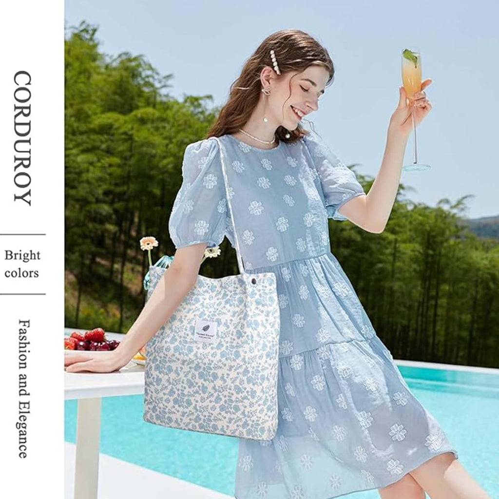 Lyrovo Women Corduroy Shoulder Tote Bag for Work Beach Travel and Shopping Grocery (Blue Flower)