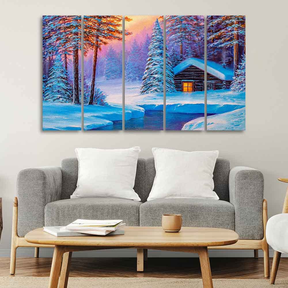 VIBECRAFTS Old Hut in the Winter Forest Canvas Wall Painting of Five Pieces For Home|Office|Living Room|Gift (PTVC5Pcs4_8668)