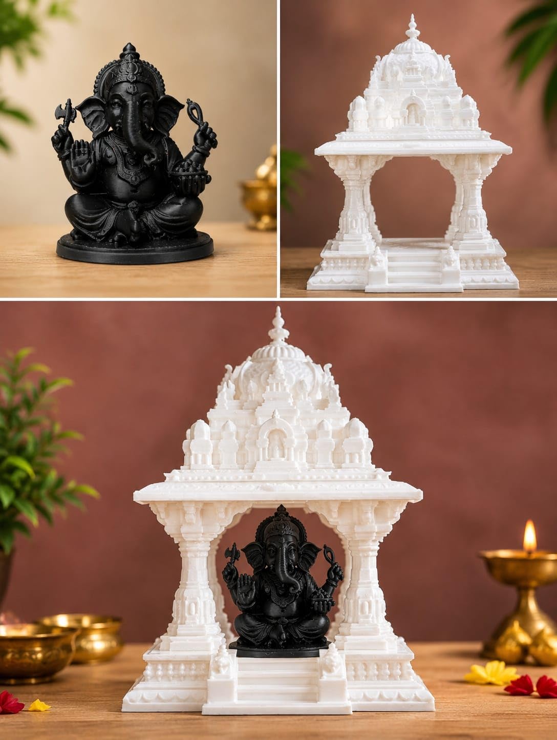 House Warming Gifts for New Home | Ganesha Temple Mandap Decorative Showpiece for Home Decor | House Opening Ceremony Gifts | Spiritual Pooja Decoration Item | 3D Printed (White & Black)