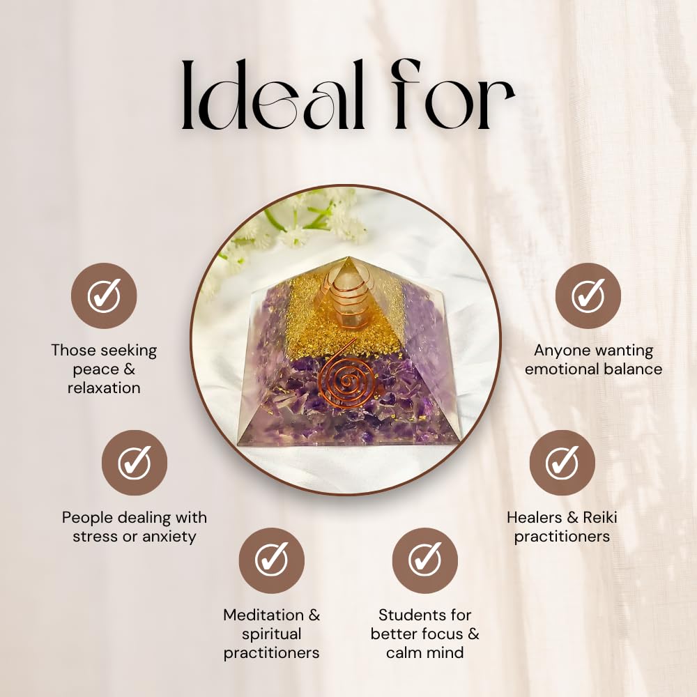 CALMINDS Amethyst Orgonite Pyramid for Stress Relief & Healing | Crystal Pyramid for Positive Energy, Chakra Balancing & Meditation | Vastu, Feng Shui, Home Office Decor