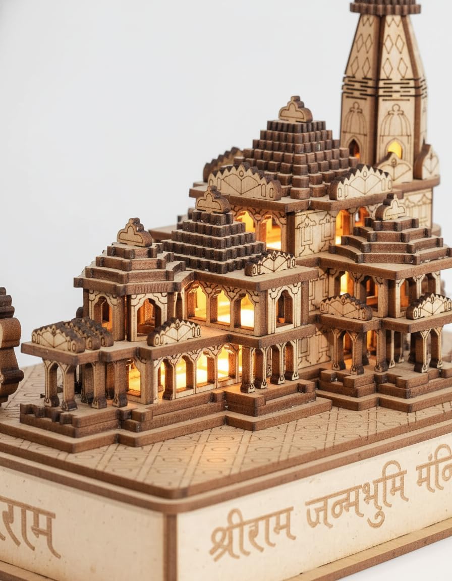 Wooden Ram Mandir Ayodhya Temple Model with Shri Ram Design | Handcrafted Wooden Temple Decorative Showpiece | LED Lighted Mandir for Home, Pooja Room, Office & Festive Decor