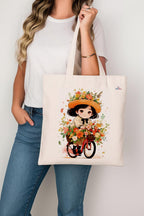TUNI MANI Stylish Digital Printed Cotton Tote Bag for Women –Multipurpose Ecofriendly Bag with Zipper Closure | Bottle Holder & Inner Utility Pockets (Flower Girl)