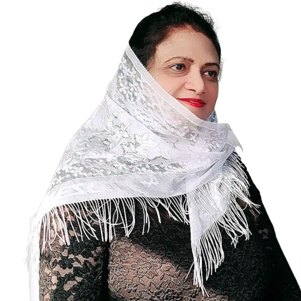 Devino Ora White Lace Triangle Church Scarf/Shawl/Veil (White Jesus) -1