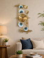 Mahira Artefacts Luxury Metal Wall Clock with Ginkgo Leaf Design, Gold and Blue, Abstract Art Decor for Living Room