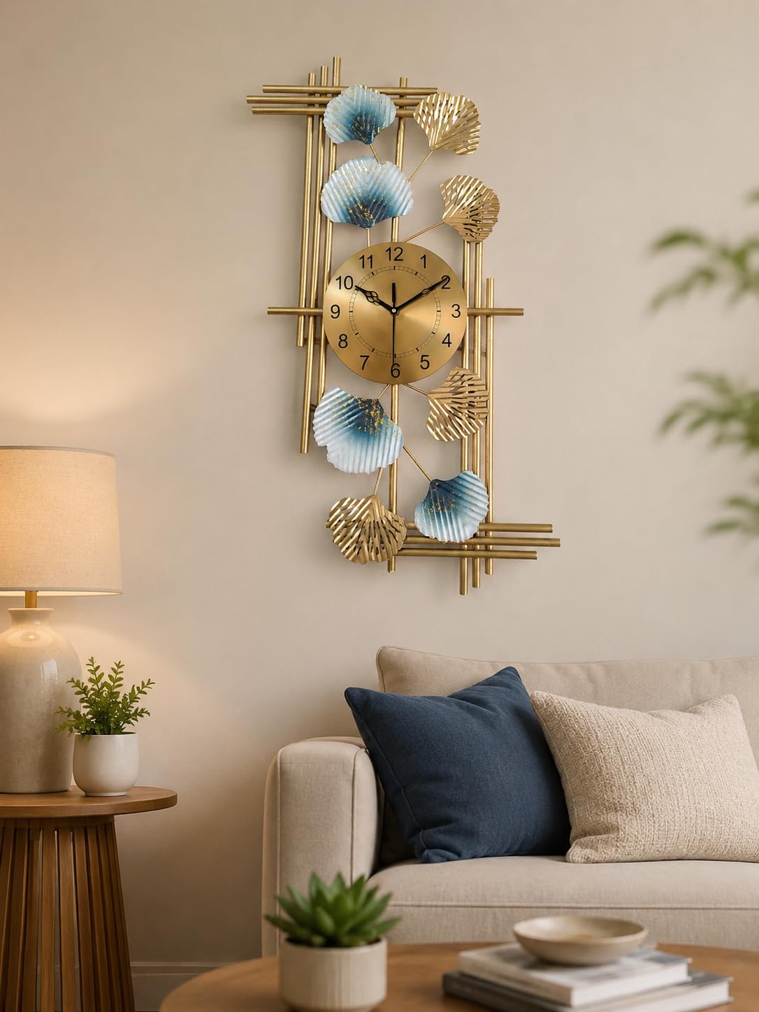 Mahira Artefacts Luxury Metal Wall Clock with Ginkgo Leaf Design, Gold and Blue, Abstract Art Decor for Living Room