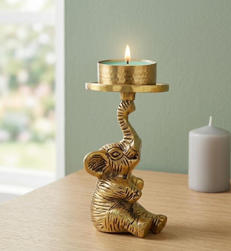 Kridaykraft Baby Elephant Figurine T-Light Candle Holder Gold (15 cm, 300 gm) — Decorative Sitting Elephant Showpiece for Home Decor, Diwali Gifting, and Table Accents. (Candle Not Included)