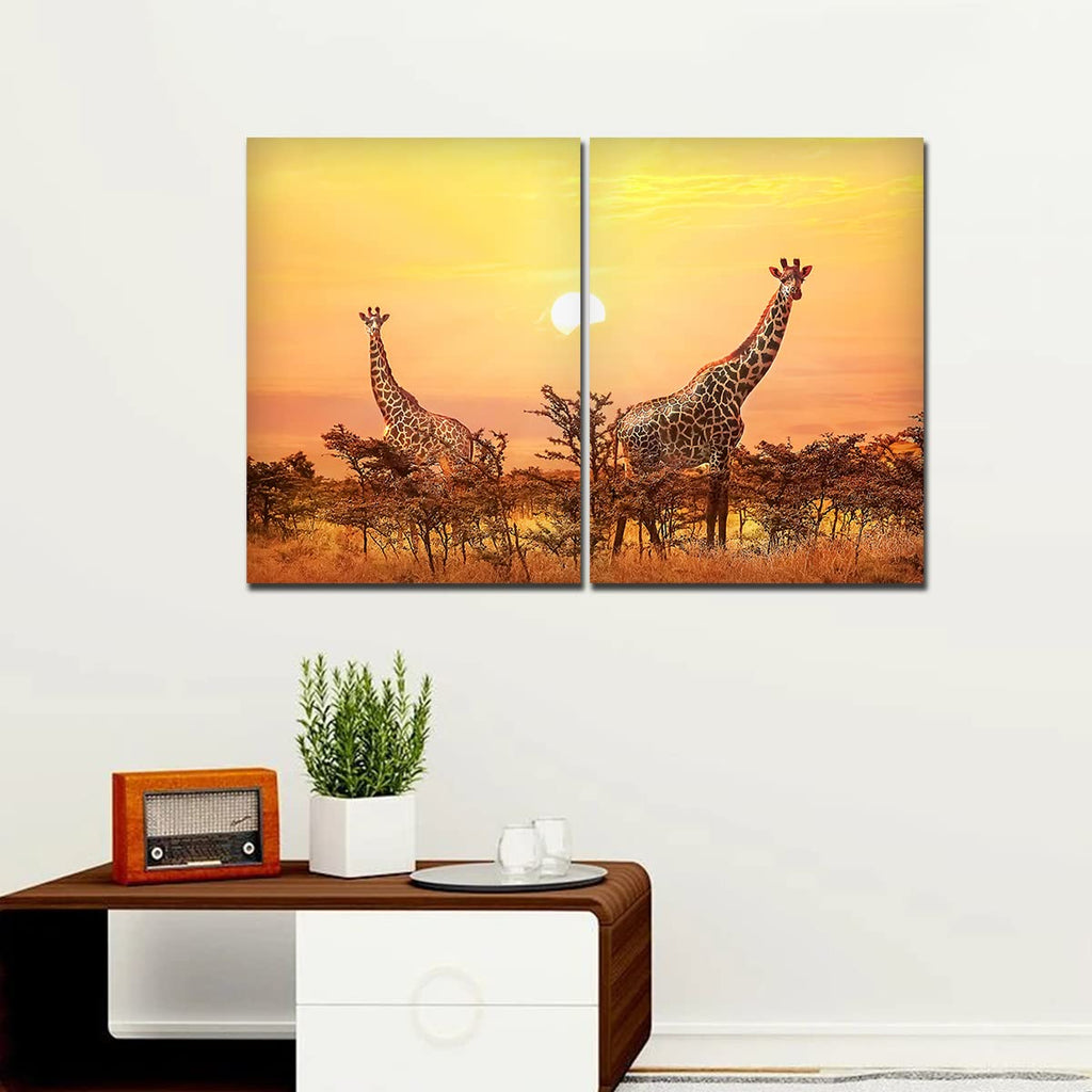 VIBECRAFTS 2 Pieces Giraffes In Sunset Canvas Wall Painting Fitted With Wooden Frame For Home | Office | Living Room | Gifts(PTVC2Pcs1_17501)