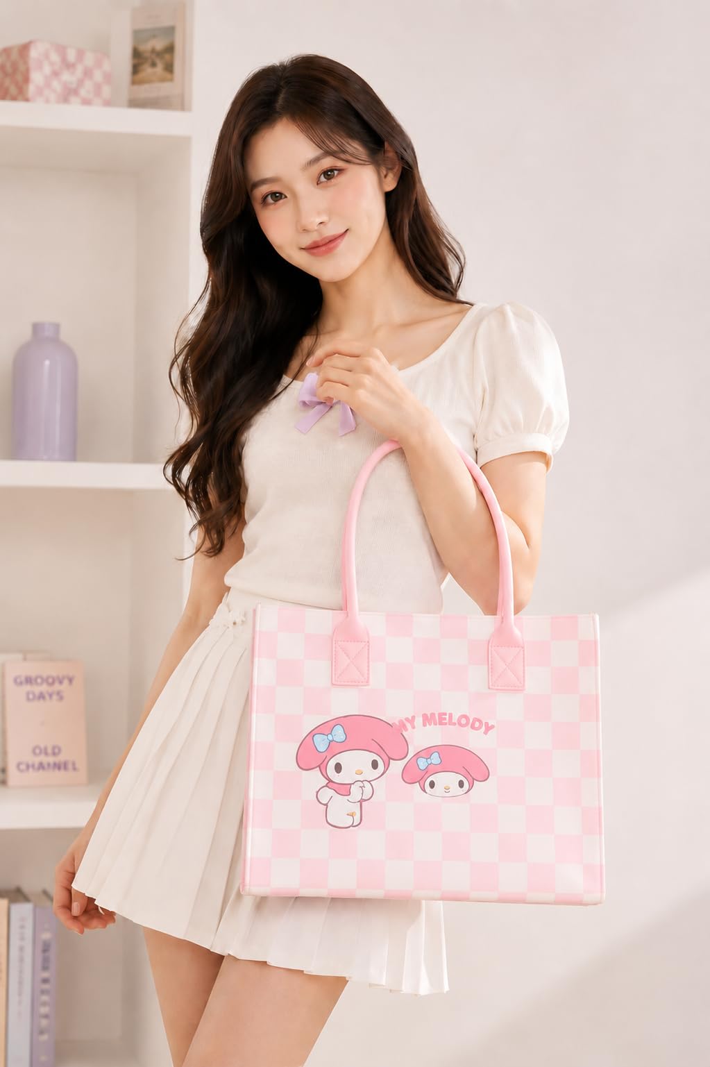 THE CUTE CRAZE New Cartoon Felt Tote Bag – Large Capacity Lightweight Shoulder Bag for Shopping, College & Daily Use (PINK)
