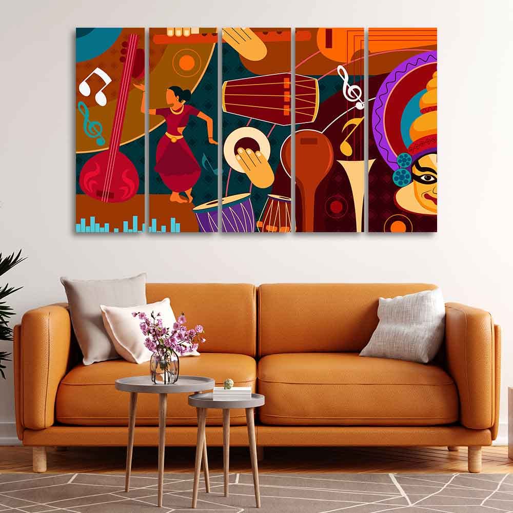 VIBECRAFTS Dance & Music Instruments Canvas Wall Painting Set of Five For Home|Office|Living Room|Gift (PTVC5Pcs4_8626)