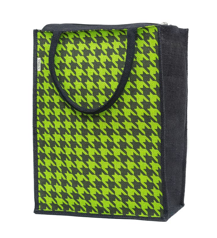 JUTEKA Parrot Green Houndstooth Printed Jute Lunch Bag - Grocery, Tote, Hand, Picnic Bag for Men, Women, Girls, Kids With Zip