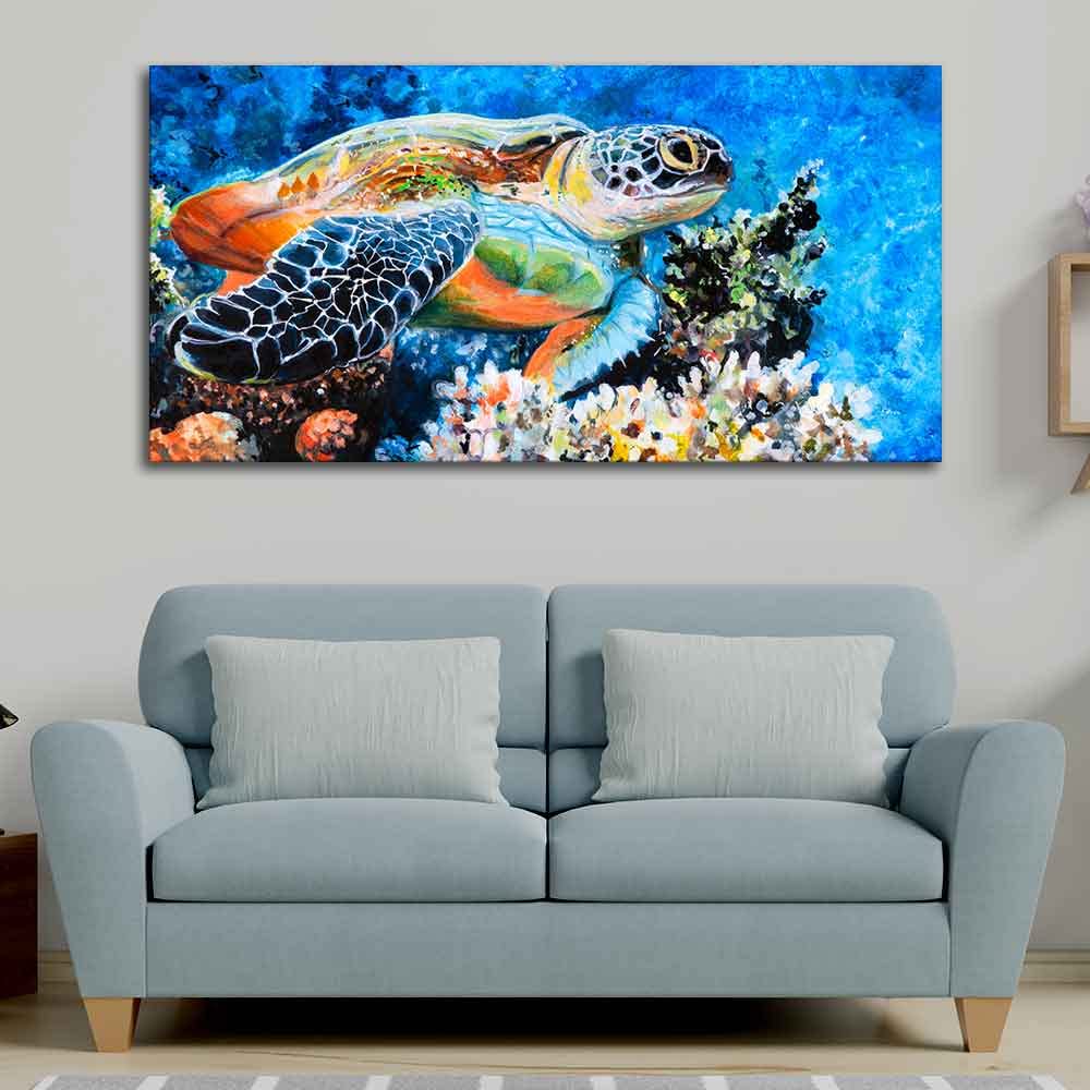 VIBECRAFTS Canvas Paintings for Living Room Drawing Room Colorful Turtle Canvas Wall Painting Fitted With Wooden Frame For Home | Office | Living Room | Gifts (PTVCH_2504)
