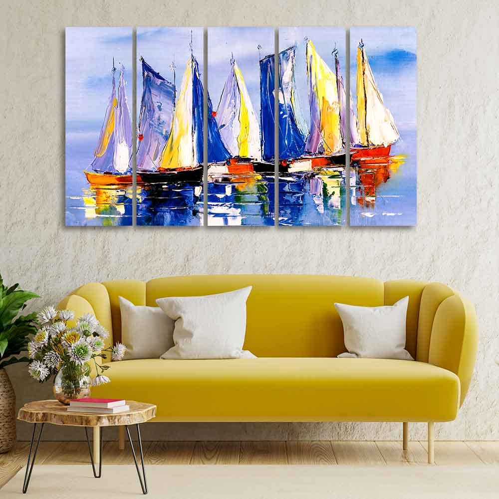 VIBECRAFTS Boats in Ocean 5 Pieces Canvas Wall Painting For Home | Office | Living Room | Gift (PTVC5Pcs4_8521)