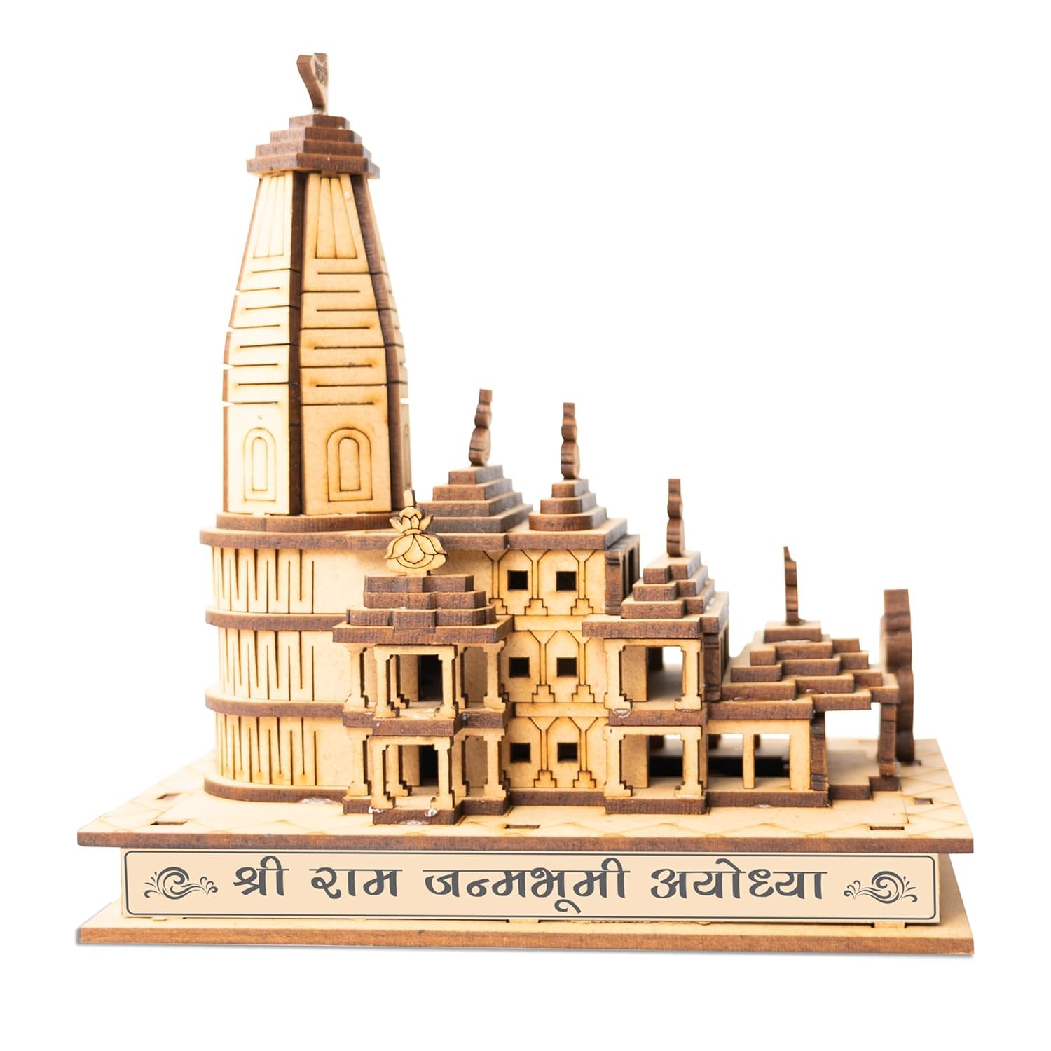 Eversky01 HandicraftLED Light Hand Carved Temple with Multicolor Lights Shri Ram Mandir Ayodhya 3D Decorative Showpiece Wood Temple for Gift Replica Wooden Ram Janmbhoomi for Home Decoration (5-inch)