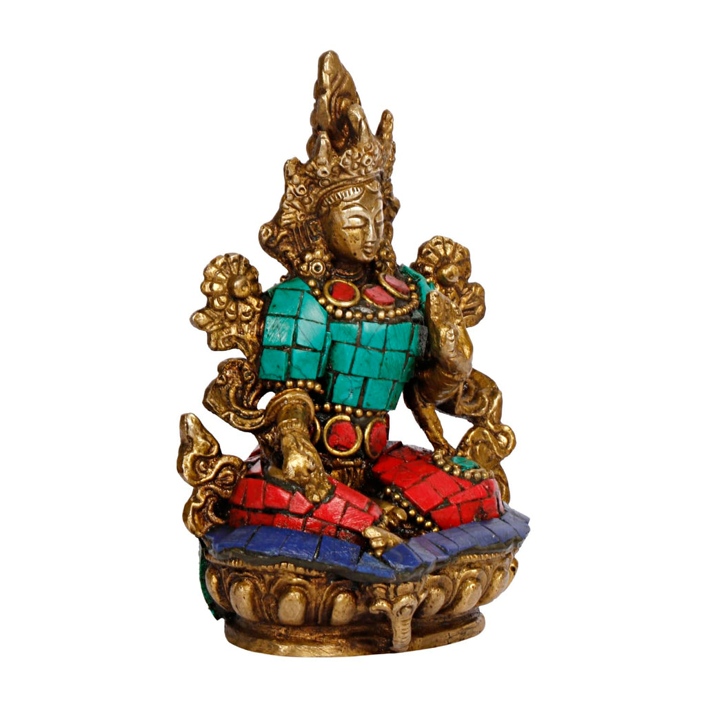 ARTVARKO Tara Devi Statue Brass Tibetan Goddess Religious Green Tara Statue for Health Happiness Wealth Idol Home Decor Sculpture 3.5 Inches