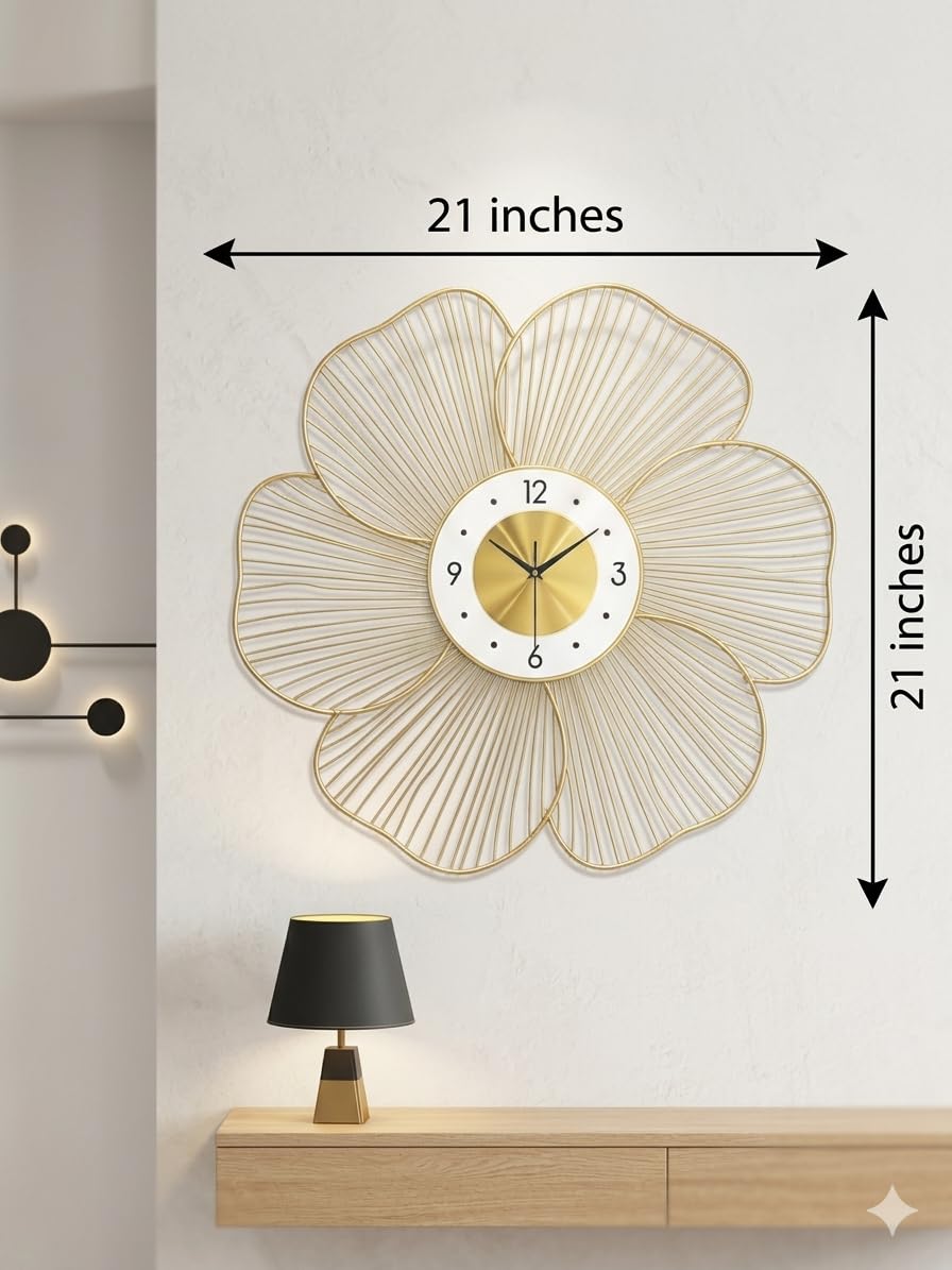 Mahira Artefacts Luxury Gold Metal Floral Wall Clock, Silent Movement, Sunburst Design, Modern Art Style, for Living Room, Bedroom, and Office