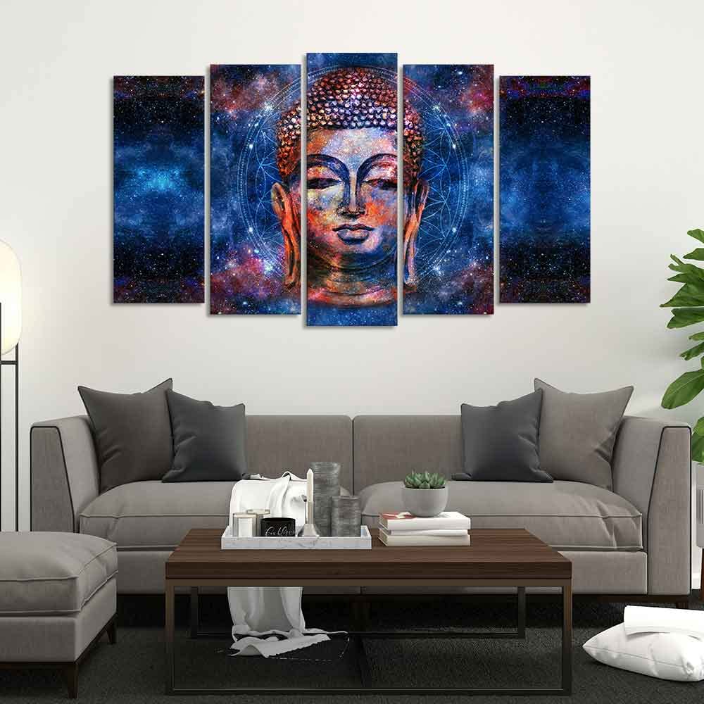 VIBECRAFTS Divine Buddha Head Colorful Wall Painting Set of Five Pieces For Home|Office|Living Room|Gift (PTVC5Pcs2_6534)