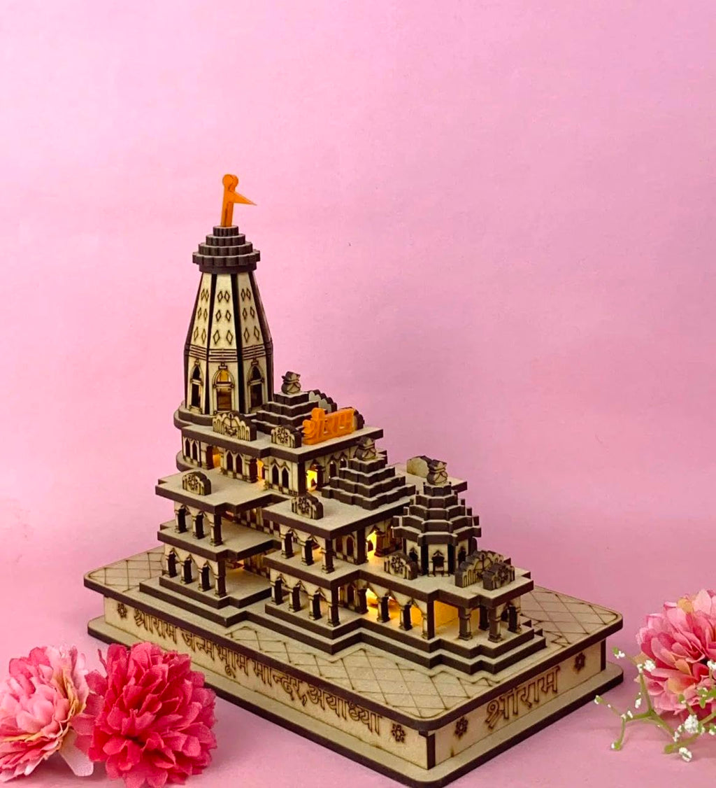 Ram Mandir Ayodhya Model 3D (led light) Replica Handcrafted Wooden Traditional - Intricate MDF Craftsmanship, Authentic Design with multicolour led light, size (6x4) inch/(15/8/13 CM.) (Antique)