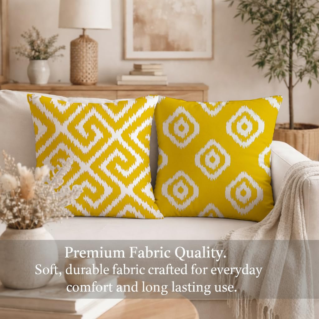 STITCHNEST Set of 2 Polycotton Cushion Covers – 24x24 Inches – Yellow & White Ikat Geometric Print – Elegant Cushion Covers for Sofa & Living Room | Perfect for Home Decor