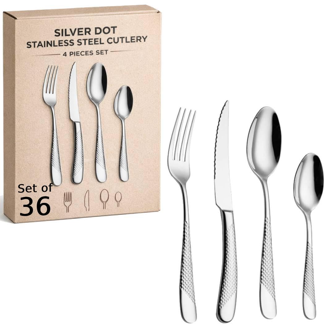 ANH MART Mirror Finish Silver Plated Stainless Steel Flatware Set Copper Silverware Set Rose Gold Spoon Color Cutlery Set [Dinner Fork-Tea Spoon-Salad Spoon-Knife] Set of (Silver DOT, 36)