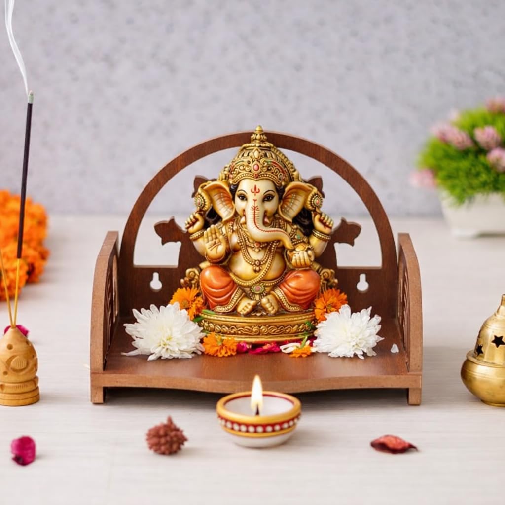 BerryBox Wooden Pooja Mandir for Home Office & Shop - Beautiful Brown Wood Temple for Home Wall Hanging | Exquisite Pooja Stand for Daily Prayer & Sacred Decor | Compact Devghar Mandapam (Brown)