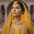 Radhika Yellow Floral Jewellery Set for Haldi & Mehndi | Handmade Fabric Flower Necklace with Earrings & Hair Accessories | Pearl Beaded Bridal Artificial Jewellery Set for Women & Girls