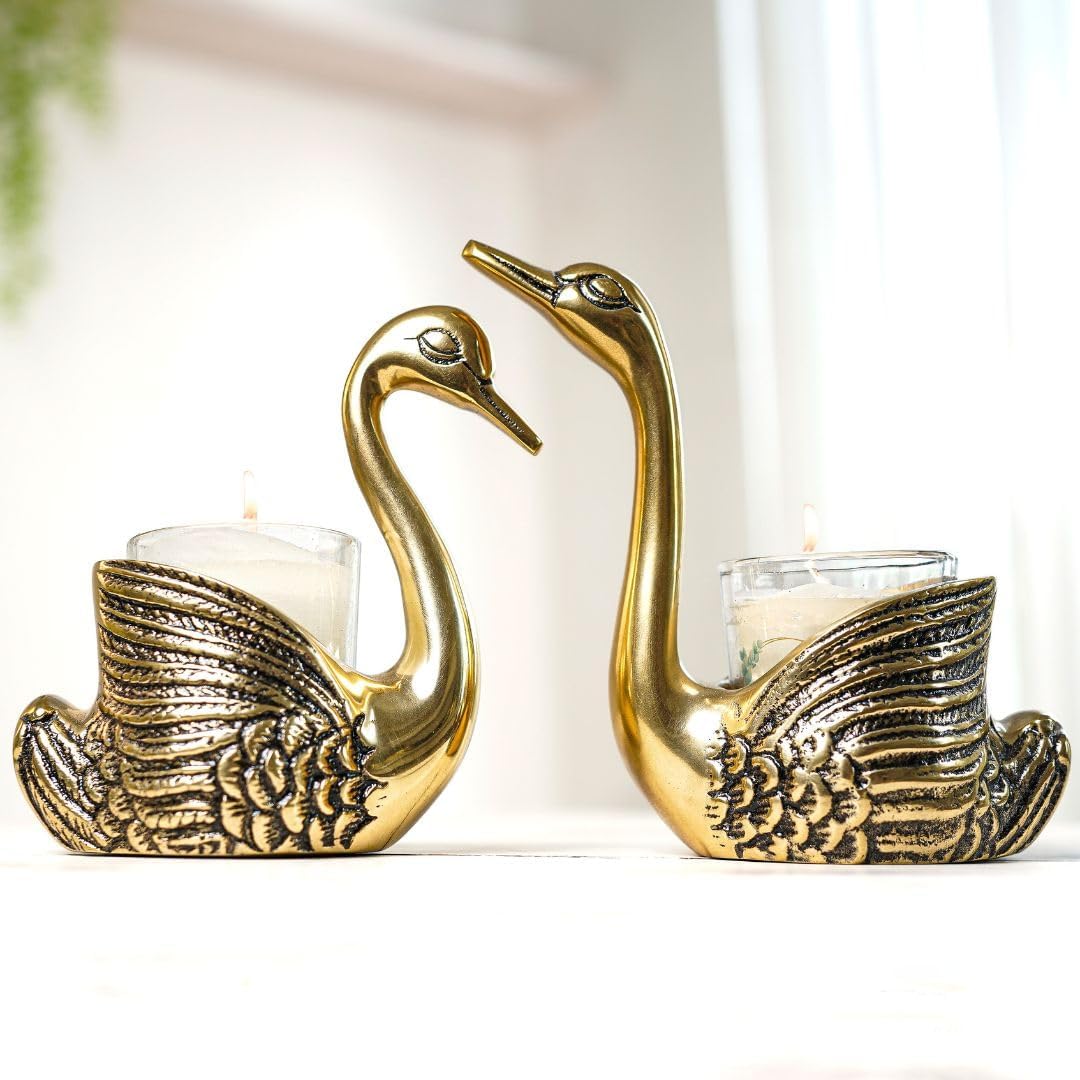 Storescent Aluminium Pair of Swans for Good Luck | Feng Shui Love Gifts Candle Holder for Home Decor Living Room - Showpiece Gifts for Couple (Candles not Included) (Swan 1 Pair Golden)