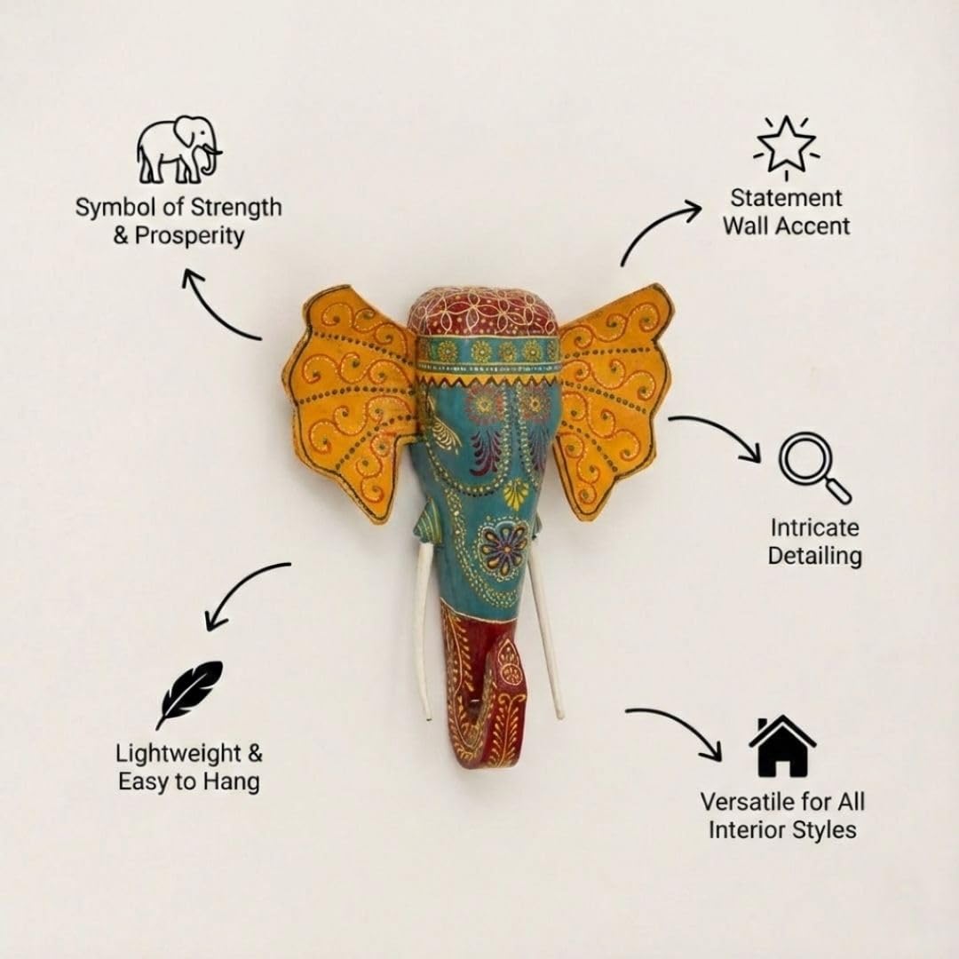 ATRANGI STUDIO Handpainted Wooden Elephant Wall Decor | Ethnic Wooden Wall Art | Symbol of Strength & Wisdom | Wall Hanging for Home, Corridor & Balcony | Ready to Hang | 11 Inch, Turquoise