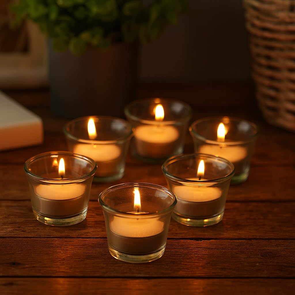 Pure Source India Glass Votive Tealight Candle Holders - Living Room Side Table Home Decoration (Glass, Pack of 6, Clear)