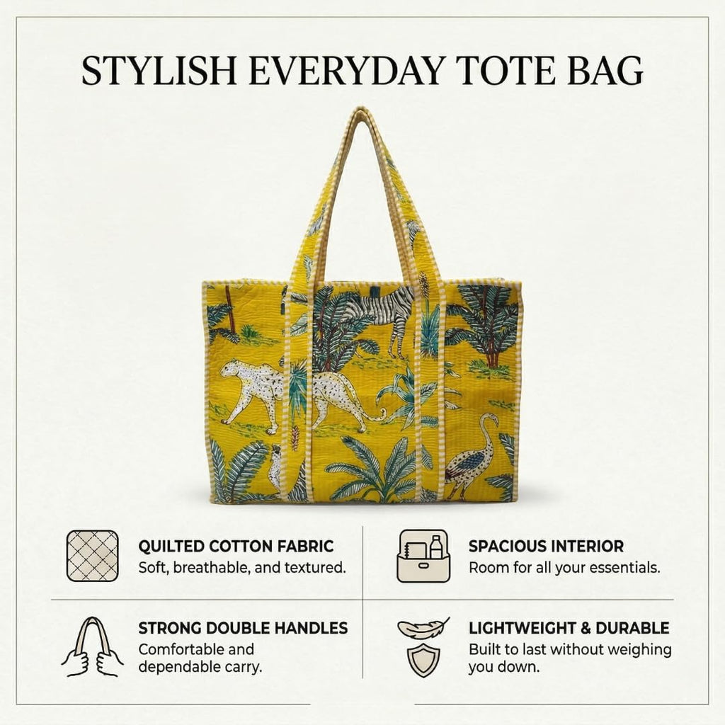 Raj Handicrafts Cotton Printed Tote Bag,Hand Bag Multicolor Quilted Hand Block Floral Printed Women's Carry Bag Shoulder Shopping Tote Bags 18x5.5x16 Inch (Yellow 6)