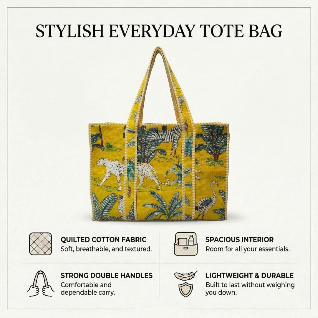 Raj Handicrafts Cotton Printed Tote Bag,Hand Bag Multicolor Quilted Hand Block Floral Printed Women's Carry Bag Shoulder Shopping Tote Bags 18x5.5x16 Inch (Yellow 6)