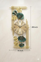 Mahira Artefacts Luxury Metal Wall Clock with Ginkgo Leaf Design, Gold and Blue, Abstract Art Decor for Living Room