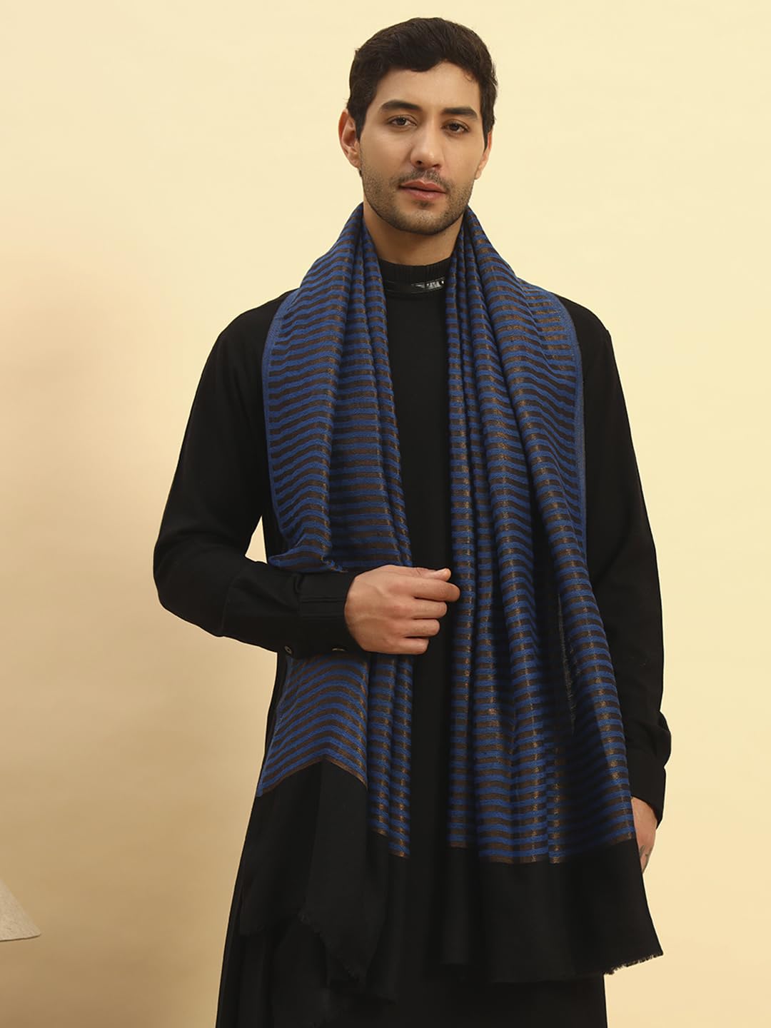 Pashmoda Men Golden Eclipse Reversible Zari Moonlight Fine Wool Stole (Size-28x80in, 71x203cm) MZSST03