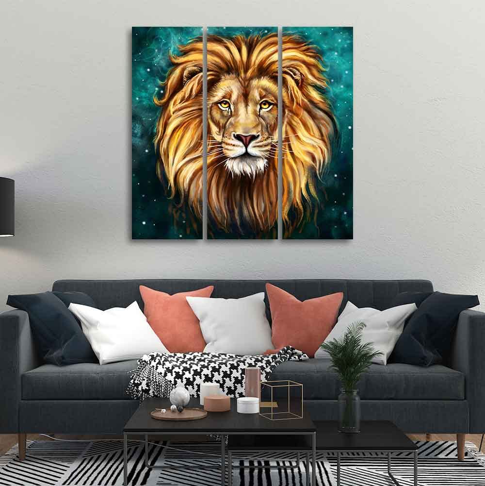 VIBECRAFTS 3 Pieces Lion Face Canvas Wall Painting Fitted With Wooden Frame For Home | Office | Living Room | Gifts (PTVC3Pcs1_9508)