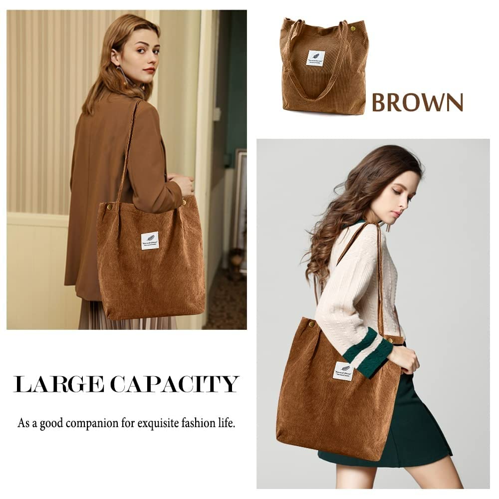Street27 Korean Canvas Corduroy Womens Tote Bag Casual Work Shoulder Handbags, Multi-Purpose Bag, Sturdy Canvas Bag With Large Capacity, Shopping Bag For Office, College & Daily Use (Brown)