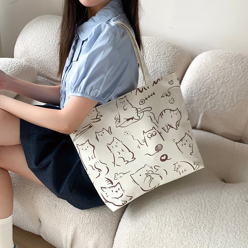BAGILO Large Capacity Shoulder Bag Shoulder Tote Bag for Women, Cloth Bags for Women, Travel Pouch Canvas Bag Lovely Design Travel Size (Cream)