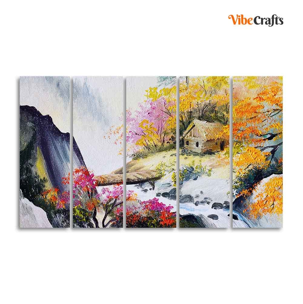 VIBECRAFTS Hut at Bank of River Five Pieces Wall Painting For Home|Office|Living Room|Gift (PTVC5Pcs4_8591)