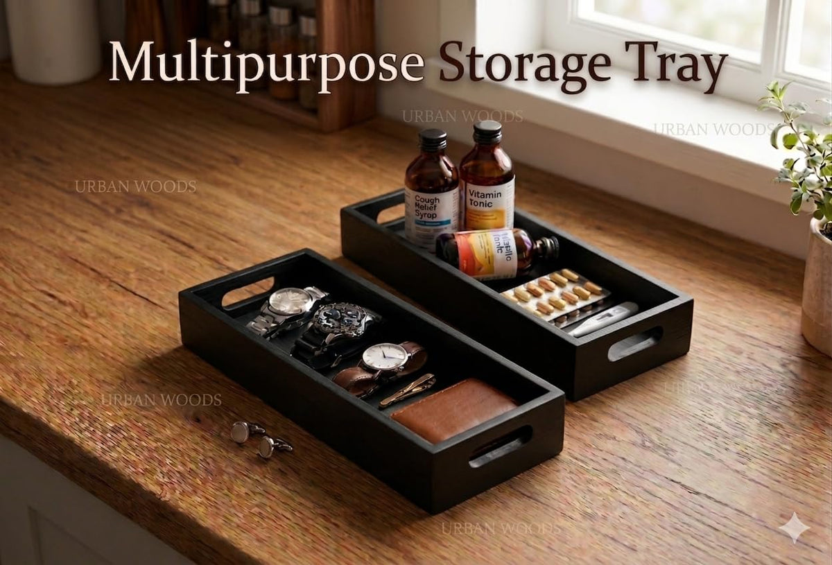Wooden Multipurpose Storage Tray Set of 2 | Black Rectangular Matte Finish Organizer Tray | Wooden Serving Tray for Tea, Coffee, Breakfast, Kitchen, Home Décor & Restaurant Use | 32 x 22.5 x 4 cm