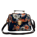 Shigora Women's Premium Cotton Printed Vegan Leather Satchel Bag For Women | Satchel Handbag for Work | Ladies purse | Medium Top Handle Handbag with Lock Closure (Navy Blue)