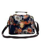Shigora Women's Premium Cotton Printed Vegan Leather Satchel Bag For Women | Satchel Handbag for Work | Ladies purse | Medium Top Handle Handbag with Lock Closure (Navy Blue)