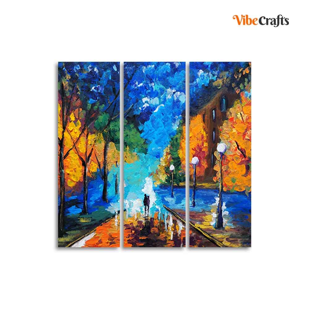 VIBECRAFTS Couple Walking In City Park 3 Pieces Canvas Wall Painting Fitted With Wooden Frame For Home | Office | Living Room | Gifts (PTVC3Pcs1_9517)