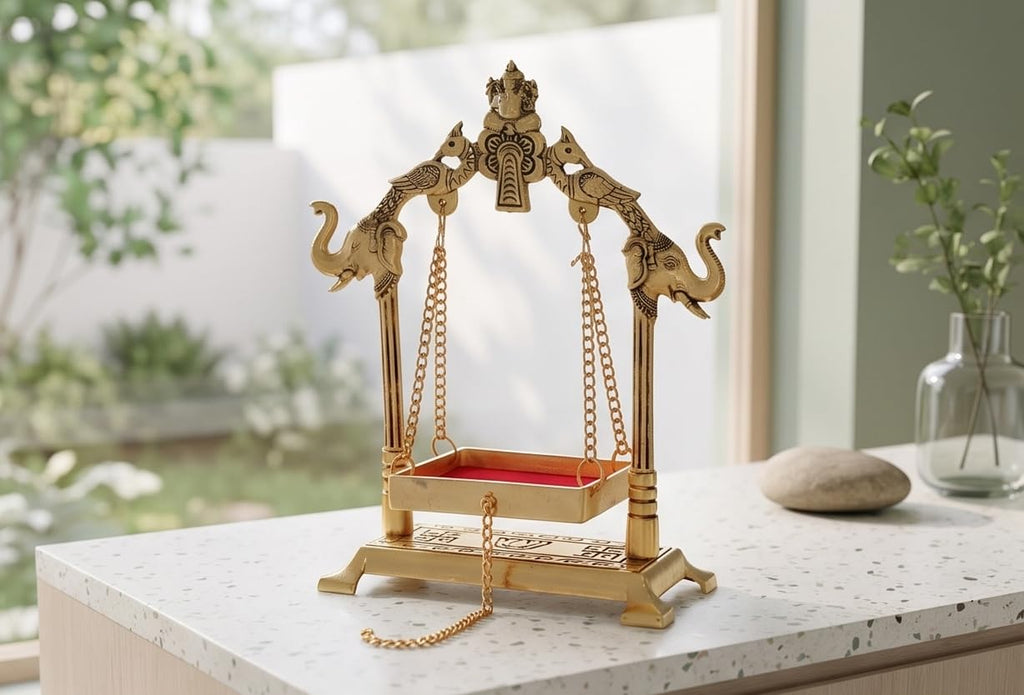 KridayKraft Gold Plated Metal Laddu Gopal Jhula with Elephant & Peacock Carving, Small Swing/Palna for Kanha Ji, Janmashtami & Home Pooja Mandir Decor